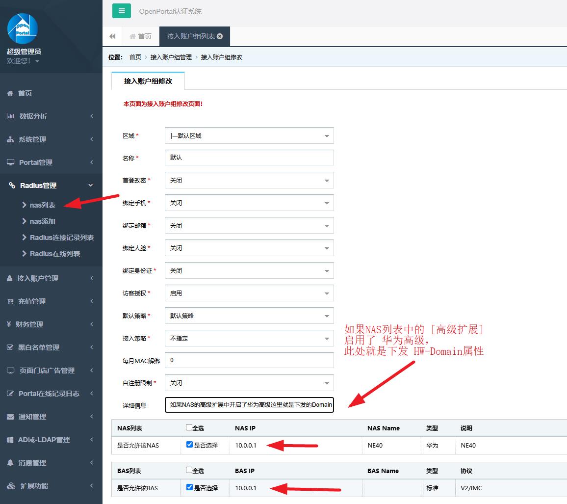 图 5 接入账户组修改（Domain 与 NAS / BAS 勾选）